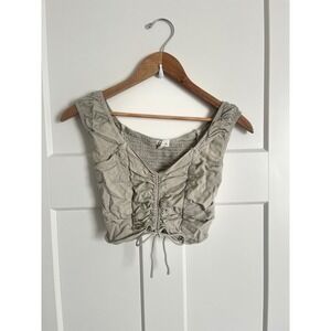 Soprano Sage Green Ruched Drawstring Crop Top Smocked Back Womens XS